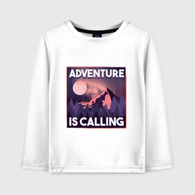 Детский лонгслив хлопок с принтом Adventure is calling в Рязани, 100% хлопок | круглый вырез горловины, полуприлегающий силуэт, длина до линии бедер | forest | landscape | moon | mountain | mountains | nature | northern lights | polar lights | гора | горы | ели | ель | лес | луна | лучше гор могут быть только горы | пейзаж | приключение | приключения | природа | северное сияние | сосна | с