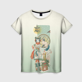 Женская футболка 3D с принтом девушка кимоно зима Япония кот в Рязани, 100% полиэфир ( синтетическое хлопкоподобное полотно) | прямой крой, круглый вырез горловины, длина до линии бедер | аниме | девушка | зима | кимоно | кот | снегирь | стиль | традиционная одежда | тросник | фонарь | япония