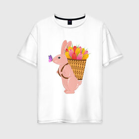 Женская футболка хлопок Oversize с принтом Весенний кролик с цветами в Рязани, 100% хлопок | свободный крой, круглый ворот, спущенный рукав, длина до линии бедер
 | бабочка | зайчик | кролик | тюльпаны | цветы