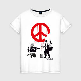 Женская футболка хлопок с принтом Make peace no war | Banksy в Рязани, 100% хлопок | прямой крой, круглый вырез горловины, длина до линии бедер, слегка спущенное плечо | art | banksy | street art | арт | бэнкси | граффити | со смыслом | сосмыслом | стритарт