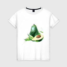 Женская футболка хлопок с принтом акварельное авокадо в Рязани, 100% хлопок | прямой крой, круглый вырез горловины, длина до линии бедер, слегка спущенное плечо | авокадо | акварель | брызги | веган | вегетарианец | здоровье | зож | правильное питание | рисунок