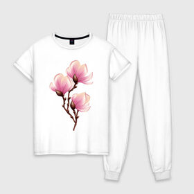 Женская пижама хлопок с принтом ветка магнолии в цвету в Рязани, 100% хлопок | брюки и футболка прямого кроя, без карманов, на брюках мягкая резинка на поясе и по низу штанин | весна | ветка | веточка | женственно | жизнь | магнолия | нежно | розовый | цвет | цветет | цветы