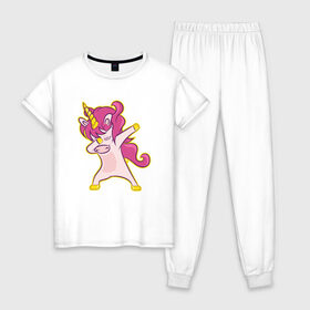 Женская пижама хлопок с принтом Dab unicorn в Рязани, 100% хлопок | брюки и футболка прямого кроя, без карманов, на брюках мягкая резинка на поясе и по низу штанин | dab unicorn | unicorn | единорог | лошадка | танцующий единорог