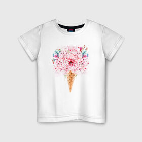 Детская футболка хлопок с принтом Flowers ice cream в Рязани, 100% хлопок | круглый вырез горловины, полуприлегающий силуэт, длина до линии бедер | 8 марта | girl | woman | бабушка | весна | девушкам | девушке | девушки | женский | листья | мама | март | пионы | подарок | тренд | цветочки | цветы