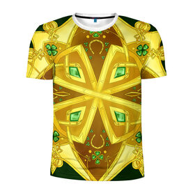 Мужская футболка 3D спортивная с принтом Золотой клевер в Рязани, 100% полиэстер с улучшенными характеристиками | приталенный силуэт, круглая горловина, широкие плечи, сужается к линии бедра | Тематика изображения на принте: золото | кельтский узор | клевер | подарки | узор