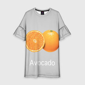 Детское платье 3D с принтом Orange avocado в Рязани, 100% полиэстер | прямой силуэт, чуть расширенный к низу. Круглая горловина, на рукавах — воланы | Тематика изображения на принте: avocado | grey | orange | авокадо | апельсин | серый