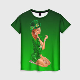 Женская футболка 3D с принтом девушка лепрекон в зеленом в Рязани, 100% полиэфир ( синтетическое хлопкоподобное полотно) | прямой крой, круглый вырез горловины, длина до линии бедер | 17 марта | девушка | день святого патрика | зеленый | зеленый костюм | ирландия | клевер | кружка | лепрекон | модель | монеты | рисунок | традиции | эль