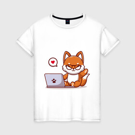 Женская футболка хлопок с принтом Cute fox and laptop в Рязани, 100% хлопок | прямой крой, круглый вырез горловины, длина до линии бедер, слегка спущенное плечо | fox | laptop | love | кицуне | кицунэ | комп | компьютер | лапа | лапка | лиса | лисенок | лисичка | лэптоп | любовь | ноут | ноутбук | отпечаток | очки | привет | рука | ручка | сердечко | сердце