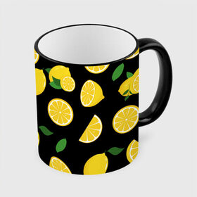 Кружка с принтом Лимоны на чёрном в Рязани, керамика | ёмкость 330 мл | citrus natural fruit | fresh | illustration | organic | pattern | texture | лето | лимон | свежесть | тропики | узор | фон | фрукты | цитрус | экзотика