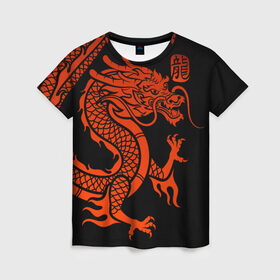 Женская футболка 3D с принтом RED CHINA DRAGON в Рязани, 100% полиэфир ( синтетическое хлопкоподобное полотно) | прямой крой, круглый вырез горловины, длина до линии бедер | china | china dragon | red dragon | без крыльев | дракон змея | китай | китайские символы | китайский дракон | красный дракон | символ
