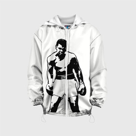 Детская куртка 3D с принтом The Greatest (Muhammad Ali) в Рязани, 100% полиэстер | застежка — молния, подол и капюшон оформлены резинкой с фиксаторами, по бокам — два кармана без застежек, один потайной карман на груди, плотность верхнего слоя — 90 г/м2; плотность флисового подклада — 260 г/м2 | Тематика изображения на принте: ali | clay | mohammed | али | боец | боксер | величайший | возможность | искусства | касиус | клей | личность | мозайка | мотивация | мохаммед | мухамед | перчатки | сила | слова | спорт | темный | узор