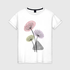 Женская футболка хлопок с принтом Одуванчики в Рязани, 100% хлопок | прямой крой, круглый вырез горловины, длина до линии бедер, слегка спущенное плечо | Тематика изображения на принте: зонтики | лето | растения | серый. одуванчик | сиреневый | сухоцветы | цветы