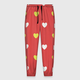 Мужские брюки 3D с принтом Сердечки на красном паттерн в Рязани, 100% полиэстер | манжеты по низу, эластичный пояс регулируется шнурком, по бокам два кармана без застежек, внутренняя часть кармана из мелкой сетки | background | design | fabric | heart | love | pattern | red | romance | romantic | seamless | valentine | красный | любовь | рисунок | романтика | сердце | узор