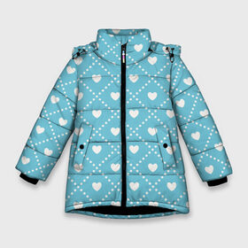 Зимняя куртка для девочек 3D с принтом Белые сердечки на голубом фоне в Рязани, ткань верха — 100% полиэстер; подклад — 100% полиэстер, утеплитель — 100% полиэстер. | длина ниже бедра, удлиненная спинка, воротник стойка и отстегивающийся капюшон. Есть боковые карманы с листочкой на кнопках, утяжки по низу изделия и внутренний карман на молнии. 

Предусмотрены светоотражающий принт на спинке, радужный светоотражающий элемент на пуллере молнии и на резинке для утяжки. | белый | квадраты | многоугольники. точки | ромбы | сердце | узор | фон