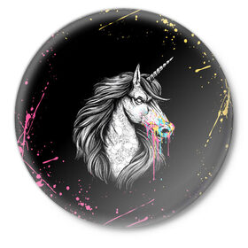 Значок с принтом ЕДИНОРОГ | UNICORN RAINBOW в Рязани,  металл | круглая форма, металлическая застежка в виде булавки | Тематика изображения на принте: abstraction | color | colors | dab | geometry | hexagon | paints | pony | rainbow | unicornis dab | абстракция | брызги | геометрия | даб | единорог | единорог радуга | животные | краски | красочные | ляпистые | неон | неоновый | пони | радуга |