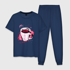 Мужская пижама хлопок с принтом Космическая чашка кофе в Рязани, 100% хлопок | брюки и футболка прямого кроя, без карманов, на брюках мягкая резинка на поясе и по низу штанин
 | coffee | liquid | mily way | moon | morning | nebula | planet | space | symbol | внутри кружки | галактика | жидкость | код | космос | кружка | кружка с кофе | луна | млечный путь | планета | программист | символы | спутник sputnik | 