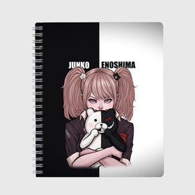 Тетрадь с принтом MONOKUMA  JUNKO в Рязани, 100% бумага | 48 листов, плотность листов — 60 г/м2, плотность картонной обложки — 250 г/м2. Листы скреплены сбоку удобной пружинной спиралью. Уголки страниц и обложки скругленные. Цвет линий — светло-серый
 | Тематика изображения на принте: anime | danganronpa | enoshima | junko | monokuma | аниме | джунко | игра | манга | медведь | монокума | робот медведь | эношима