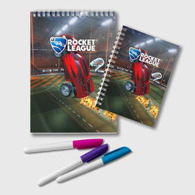 Блокнот с принтом Rocket League в Рязани, 100% бумага | 48 листов, плотность листов — 60 г/м2, плотность картонной обложки — 250 г/м2. Листы скреплены удобной пружинной спиралью. Цвет линий — светло-серый
 | cars | game | games | rocket league | гонка | гонки | машина | машины | рокет лига