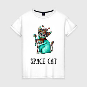 Женская футболка хлопок с принтом Space cat в Рязани, 100% хлопок | прямой крой, круглый вырез горловины, длина до линии бедер, слегка спущенное плечо | cat | space | инопланетянин | киска | космос | кошка