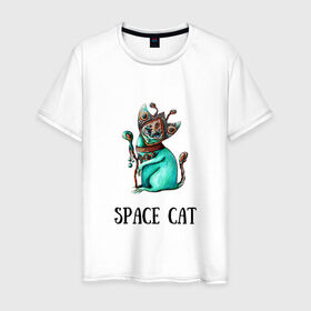 Мужская футболка хлопок с принтом Space cat в Рязани, 100% хлопок | прямой крой, круглый вырез горловины, длина до линии бедер, слегка спущенное плечо. | cat | space | инопланетянин | киска | космос | кошка