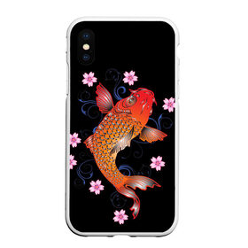 Чехол для iPhone XS Max матовый с принтом Карп Кои с Цветами в Рязани, Силикон | Область печати: задняя сторона чехла, без боковых панелей | fish | japan | koi | животные | иероглифы | карпы | кои | рыбы | цветы | япония