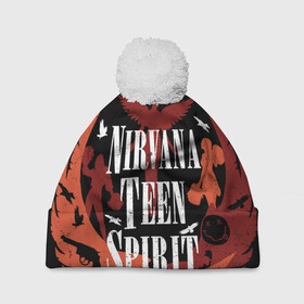 Шапка 3D c помпоном с принтом NIRVANA TEEN SPIRIT в Рязани, 100% полиэстер | универсальный размер, печать по всей поверхности изделия | Тематика изображения на принте: art | cobain | curt | girl | grunge | metal | music | nirvana | punk | rock | spiritm | usa | гранж | группа | кобэйн | курт | метал | музыка | нирвана | панк | рисунок | рок | сша