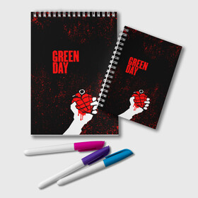 Блокнот с принтом green day в Рязани, 100% бумага | 48 листов, плотность листов — 60 г/м2, плотность картонной обложки — 250 г/м2. Листы скреплены удобной пружинной спиралью. Цвет линий — светло-серый
 | Тематика изображения на принте: american idiot | boulevard of broke | day | green | green day | green day hits | green day lyrics | green day mix | green day music video | green day official | green day songs | green day videos | greenday | music | music video | official | warner record