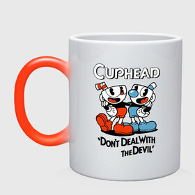 Кружка хамелеон с принтом Cuphead, Dont deal with devil в Рязани, керамика | меняет цвет при нагревании, емкость 330 мл | Тематика изображения на принте: cuphead | dont deal with the devil | mugman | игры | капхед | магмен | чашеголовый