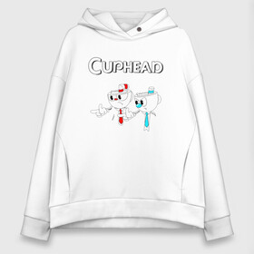 Женское худи Oversize хлопок с принтом Cuphead в Рязани, френч-терри — 70% хлопок, 30% полиэстер. Мягкий теплый начес внутри —100% хлопок | боковые карманы, эластичные манжеты и нижняя кромка, капюшон на магнитной кнопке | Тематика изображения на принте: cuphead | tdcuphd | горит пукан | двое | игры | невозможно пройти. | чашки головы | чашкоголовые