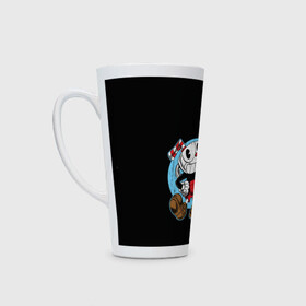 Кружка Латте с принтом CUPHEAD КАПХЕД в Рязани, Белая керамика | Объем 480 мл; Высота 150 мм; Диаметр 90 мм | Тематика изображения на принте: art | cartoon | cup | cuphead | devil | dice | game | king | mugman | the | арт | бос | босс | голова | демон | дьявол | игра | капхед | магмен | мультик | мультфильм | платформер | чаша | чашка | человек | черт