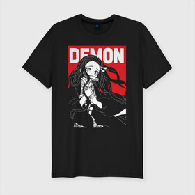 Мужская футболка хлопок Slim с принтом DEMON Kimetsu no Yaiba в Рязани, 92% хлопок, 8% лайкра | приталенный силуэт, круглый вырез ворота, длина до линии бедра, короткий рукав | demon slayer | kamado | kimetsu no yaiba | nezuko | tanjiro | аниме | гию томиока | зеницу агацума | иноске хашибира | камадо | клинок | корзинная девочка | манга | музан кибуцуджи | незуко | рассекающий демонов | танджиро