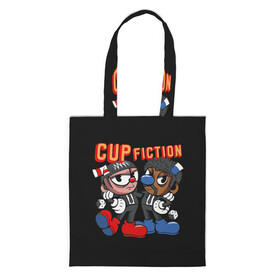 Шоппер 3D с принтом CUP FICTION в Рязани, 100% полиэстер | Плотность: 200 г/м2; Размер: 34×35 см; Высота лямок: 30 см | art | cartoon | cup | cuphead | devil | dice | fiction | game | king | mugman | pulp | the | арт | бос | босс | голова | демон | дьявол | игра | капхед | криминальное | магмен | мультик | мультфильм | платформер | чаша | чашка | человек | черт 