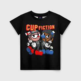 Детская футболка 3D с принтом CUP FICTION в Рязани, 100% гипоаллергенный полиэфир | прямой крой, круглый вырез горловины, длина до линии бедер, чуть спущенное плечо, ткань немного тянется | art | cartoon | cup | cuphead | devil | dice | fiction | game | king | mugman | pulp | the | арт | бос | босс | голова | демон | дьявол | игра | капхед | криминальное | магмен | мультик | мультфильм | платформер | чаша | чашка | человек | черт 