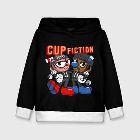 Детская толстовка 3D с принтом CUP FICTION в Рязани, 100% полиэстер | двухслойный капюшон со шнурком для регулировки, мягкие манжеты на рукавах и по низу толстовки, спереди карман-кенгуру с мягким внутренним слоем | art | cartoon | cup | cuphead | devil | dice | fiction | game | king | mugman | pulp | the | арт | бос | босс | голова | демон | дьявол | игра | капхед | криминальное | магмен | мультик | мультфильм | платформер | чаша | чашка | человек | черт 