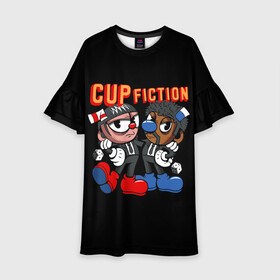 Детское платье 3D с принтом CUP FICTION в Рязани, 100% полиэстер | прямой силуэт, чуть расширенный к низу. Круглая горловина, на рукавах — воланы | art | cartoon | cup | cuphead | devil | dice | fiction | game | king | mugman | pulp | the | арт | бос | босс | голова | демон | дьявол | игра | капхед | криминальное | магмен | мультик | мультфильм | платформер | чаша | чашка | человек | черт 