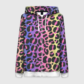 Женская толстовка 3D на молнии с принтом Neon Leopard Pattern в Рязани, 100% полиэстер | длина до линии бедра, манжеты и пояс оформлены мягкой тканевой резинкой, двухслойный капюшон со шнурком для регулировки, спереди молния, по бокам два кармана | Тематика изображения на принте: africa | afrika | gradient | summer | tropical | африка | африканский узор | градиент | леопард | леопардовый узор | лето | неон | неоновое свечение | паттерт | пятна | разные цвета | саванна | тропики | тропический узор