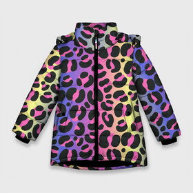 Зимняя куртка для девочек 3D с принтом Neon Leopard Pattern в Рязани, ткань верха — 100% полиэстер; подклад — 100% полиэстер, утеплитель — 100% полиэстер. | длина ниже бедра, удлиненная спинка, воротник стойка и отстегивающийся капюшон. Есть боковые карманы с листочкой на кнопках, утяжки по низу изделия и внутренний карман на молнии. 

Предусмотрены светоотражающий принт на спинке, радужный светоотражающий элемент на пуллере молнии и на резинке для утяжки. | africa | afrika | gradient | summer | tropical | африка | африканский узор | градиент | леопард | леопардовый узор | лето | неон | неоновое свечение | паттерт | пятна | разные цвета | саванна | тропики | тропический узор