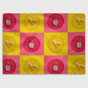 Плед 3D с принтом фрукты шахматы в Рязани, 100% полиэстер | закругленные углы, все края обработаны. Ткань не мнется и не растягивается | 3d | банан | вкусняшки | еда | желтый | клетка | розовый | фрукты