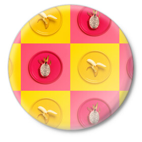 Значок с принтом фрукты шахматы в Рязани,  металл | круглая форма, металлическая застежка в виде булавки | Тематика изображения на принте: 3d | банан | вкусняшки | еда | желтый | клетка | розовый | фрукты