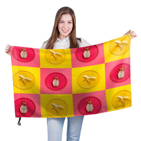 Флаг 3D с принтом фрукты шахматы в Рязани, 100% полиэстер | плотность ткани — 95 г/м2, размер — 67 х 109 см. Принт наносится с одной стороны | 3d | банан | вкусняшки | еда | желтый | клетка | розовый | фрукты