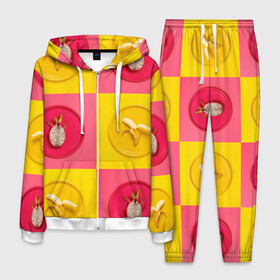 Мужской костюм 3D с принтом фрукты шахматы в Рязани, 100% полиэстер | Манжеты и пояс оформлены тканевой резинкой, двухслойный капюшон со шнурком для регулировки, карманы спереди | 3d | банан | вкусняшки | еда | желтый | клетка | розовый | фрукты
