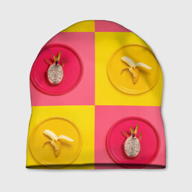 Шапка 3D с принтом фрукты шахматы в Рязани, 100% полиэстер | универсальный размер, печать по всей поверхности изделия | 3d | банан | вкусняшки | еда | желтый | клетка | розовый | фрукты