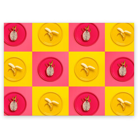 Поздравительная открытка с принтом фрукты шахматы в Рязани, 100% бумага | плотность бумаги 280 г/м2, матовая, на обратной стороне линовка и место для марки
 | 3d | банан | вкусняшки | еда | желтый | клетка | розовый | фрукты