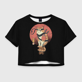 Женская футболка Crop-top 3D с принтом Кот Ниндзя в Рязани, 100% полиэстер | круглая горловина, длина футболки до линии талии, рукава с отворотами | cat | cats | japan | ninja | samurai | yakuza | катана | кот | котенок | коты | котэ | котята | кошка | ниндзя | самурай | якудза | япония