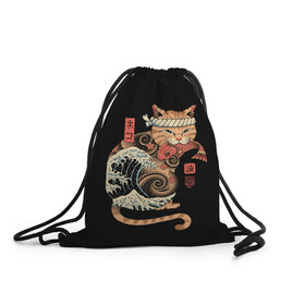 Рюкзак-мешок 3D с принтом Cat Wave в Рязани, 100% полиэстер | плотность ткани — 200 г/м2, размер — 35 х 45 см; лямки — толстые шнурки, застежка на шнуровке, без карманов и подкладки | cat | cats | japan | ninja | samurai | shogun | wave | yakuza | волна | катана | кот | котенок | коты | котэ | котята | кошка | ниндзя | самурай | сёгун | якудза | япония