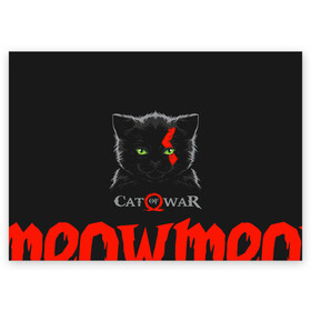 Поздравительная открытка с принтом Cat of war в Рязани, 100% бумага | плотность бумаги 280 г/м2, матовая, на обратной стороне линовка и место для марки
 | cat | gad of war | game | games | god of war | god of wor | атрей | атрэй | бог войны | игра | игры | кот | котёнок | кошки | кратос