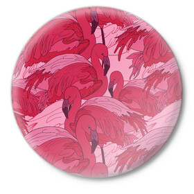 Значок с принтом розовые фламинго в Рязани,  металл | круглая форма, металлическая застежка в виде булавки | Тематика изображения на принте: flamingo | птицы | розовый | фламинго