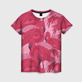 Женская футболка 3D с принтом розовые фламинго в Рязани, 100% полиэфир ( синтетическое хлопкоподобное полотно) | прямой крой, круглый вырез горловины, длина до линии бедер | flamingo | птицы | розовый | фламинго