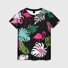 Женская футболка 3D с принтом фламинго с цветами в Рязани, 100% полиэфир ( синтетическое хлопкоподобное полотно) | прямой крой, круглый вырез горловины, длина до линии бедер | flamingo | птицы | розовый | фламинго