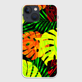 Чехол для iPhone 13 mini с принтом ЛИСТЬЯ в Рязани,  |  | summer | джунгли | зелень | кислотный | лесной | летний принт | лето | листья папоротника | огненный | пальмовые листья | пальмы | папоротник | свежий | стильный | тренд | тропики | тропический камуфляж